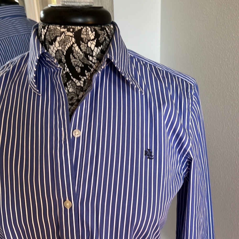 LAUREN BLOUSE Blue White Stripe  Small C9 - Picture 4 of 10